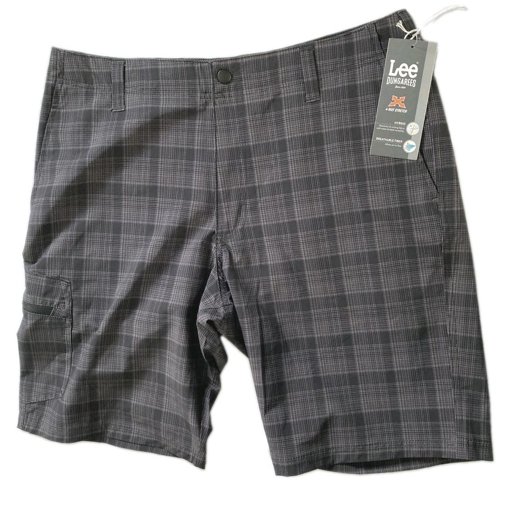 Lee Dungarees Shorts Men 34 Gray Plaid Land To Sea Hybrid Cargo Stretch NWT